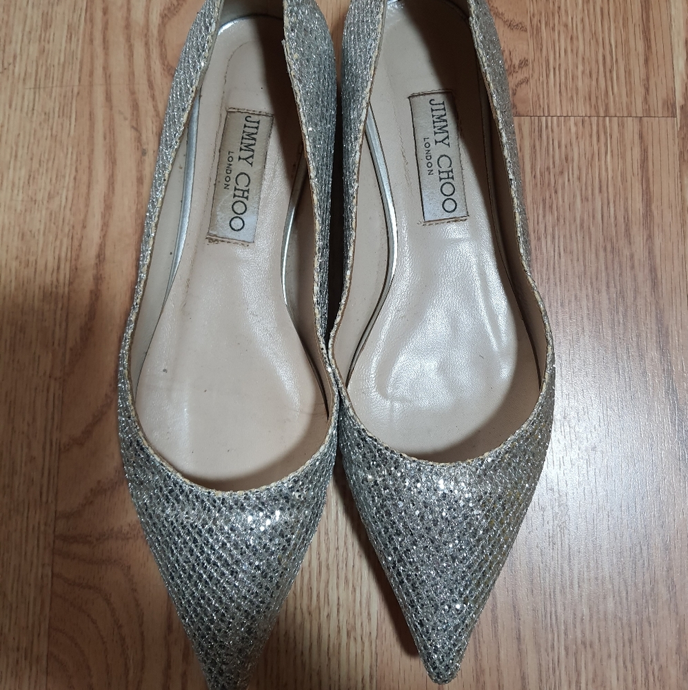 Jimmy Choo Silver Glitter Pointed Toe Flats